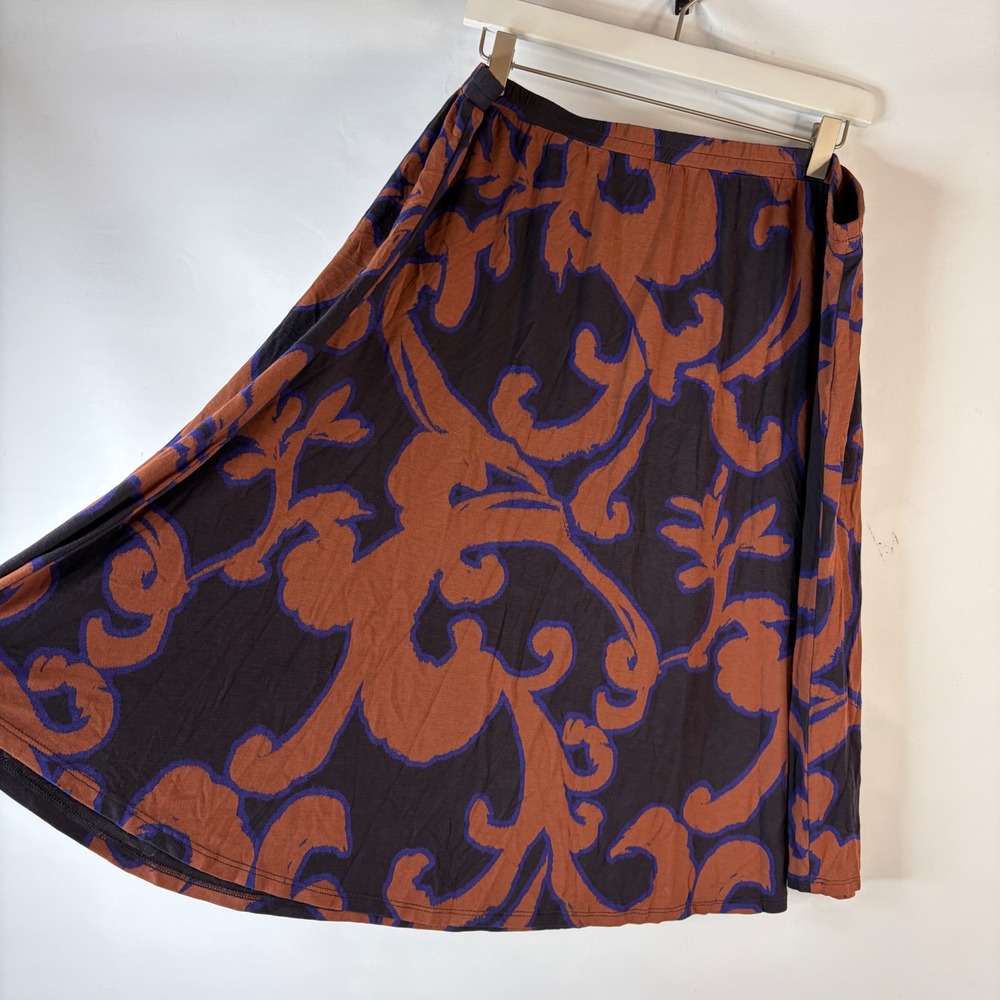 Soft Surroundings Skirt Women 1X Rust Navy Scroll Print Jersey Knit Midi